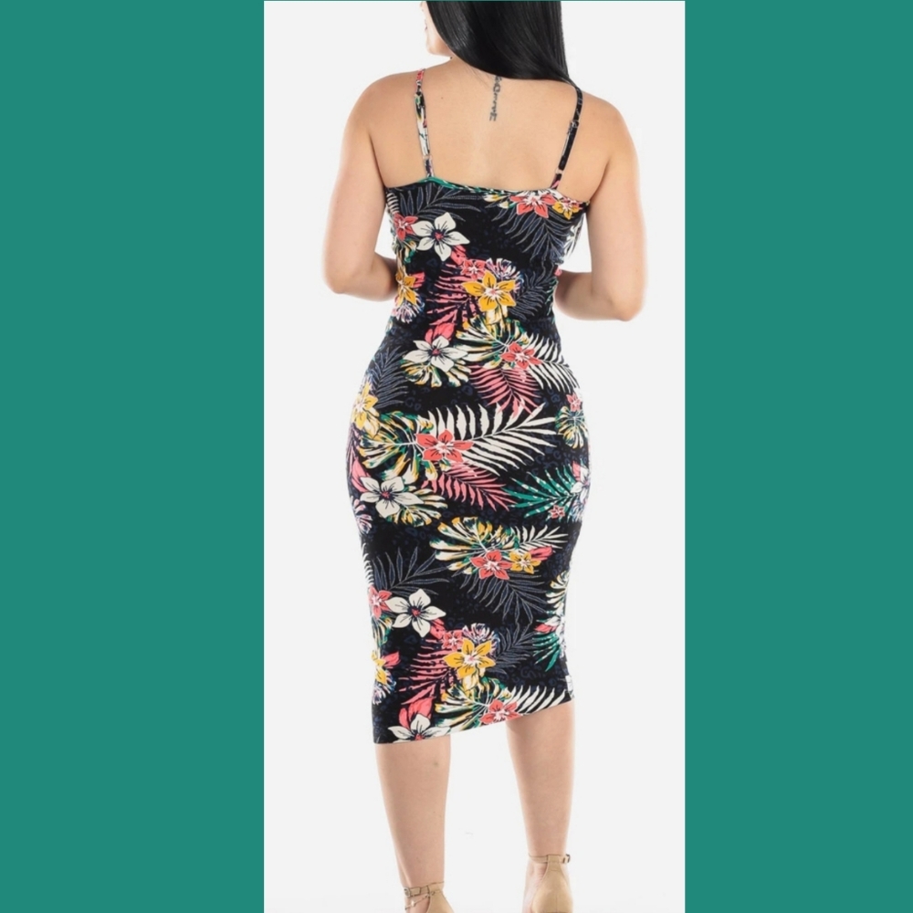 Tropical Palm Print Bodycon Midi Dress - Picture 2 of 4